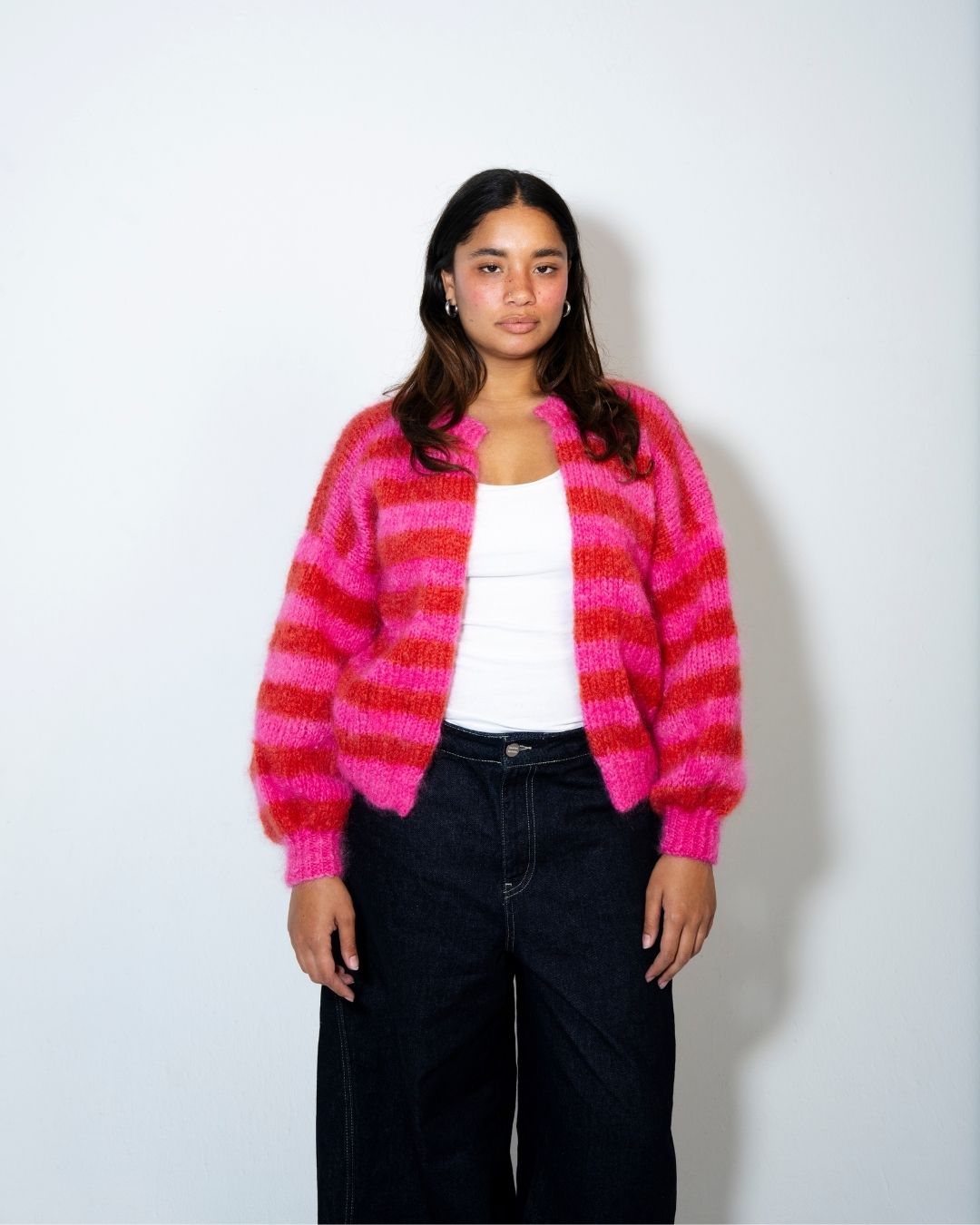 Mohair Cardigan Single Knit | Cerise and Tomato Stripes