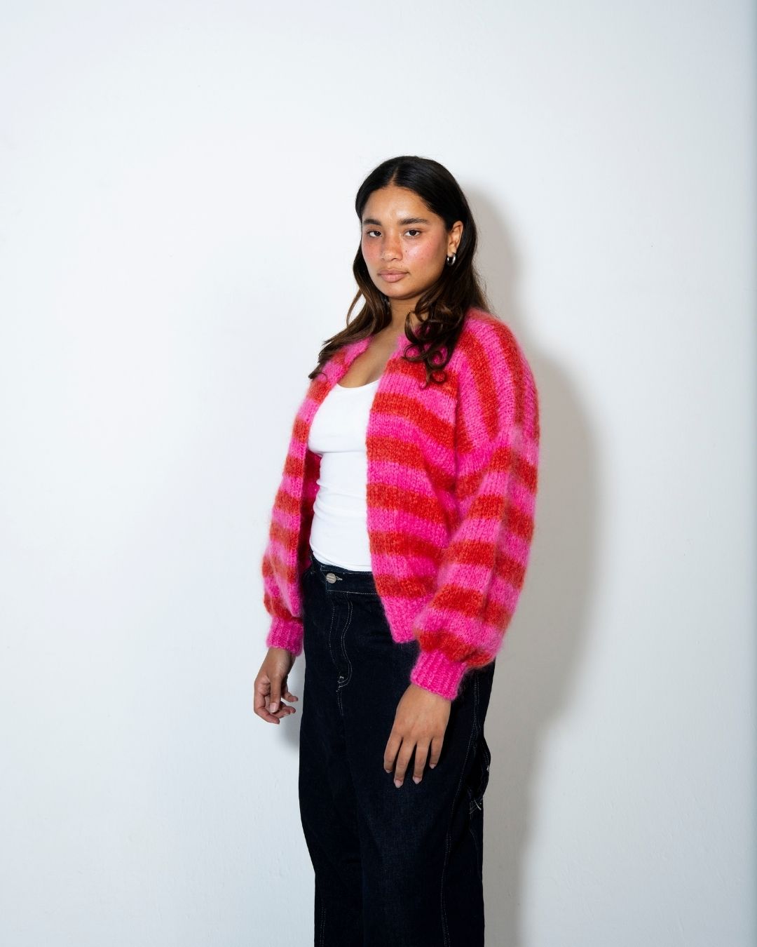 Mohair Cardigan Single Knit | Cerise and Tomato Stripes